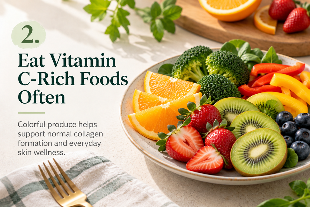 Oranges, kiwi, strawberries, broccoli and bell peppers, all examples of vitamin C-containing foods.