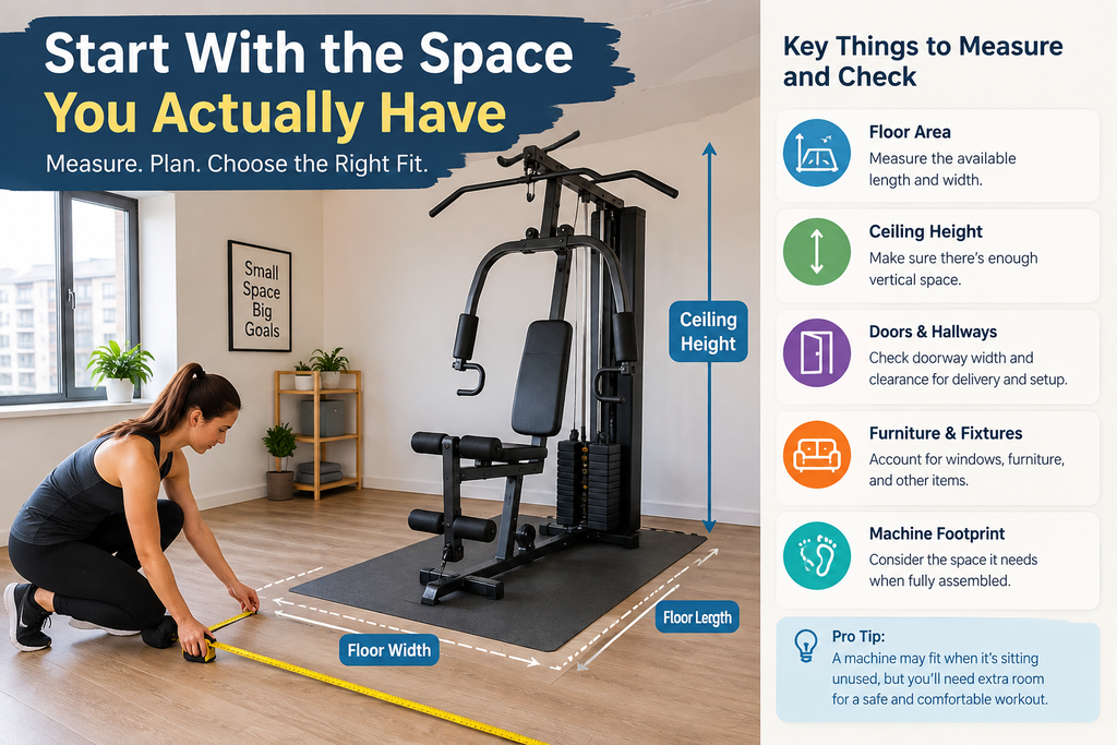 Woman measuring the floor space around an apartment workout machine to check its footprint and available room.