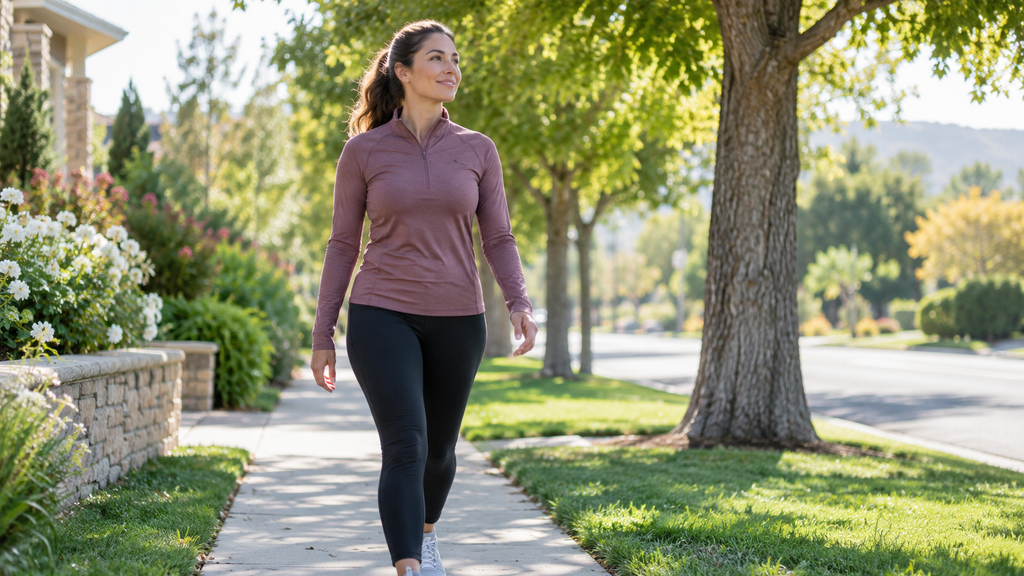 Woman walking outdoors as part of simple fitness habits for women