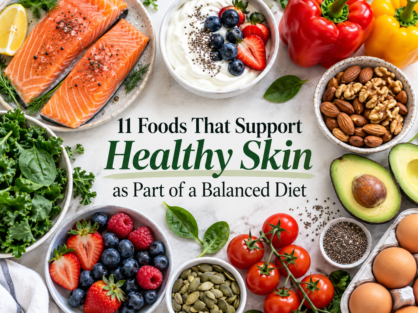 Healthy foods that support healthy skin as part of a balanced diet, including fish, yogurt, bell peppers, berries, nuts, and fresh vegetables
