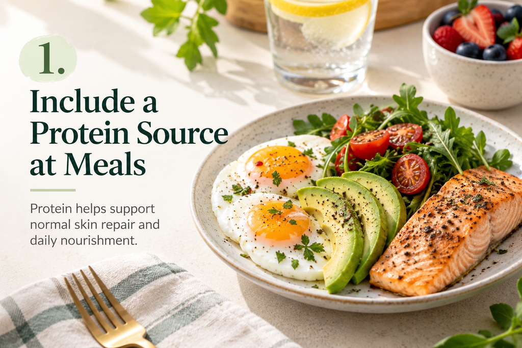 Salmon, eggs, avocado and vegetables arranged as a protein-containing meal.