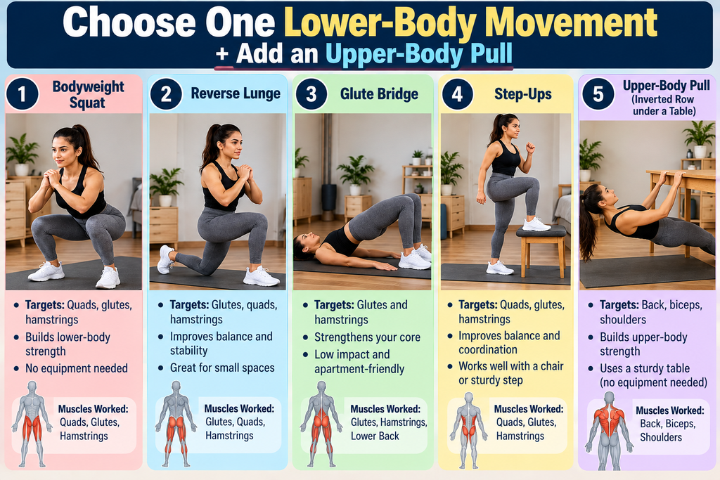 “Full-body workout exercises for a small room”