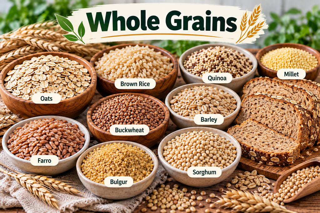 Whole grains including oats, brown rice, quinoa, millet, barley, buckwheat, farro, bulgur, and sorghum