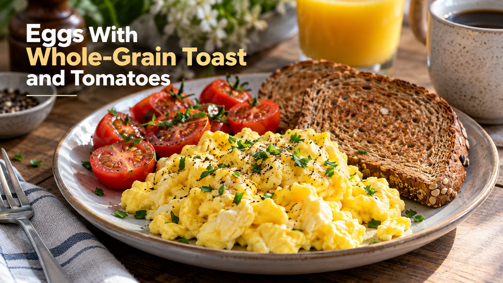 Meal ideas for healthy skin: eggs with whole-grain toast and tomatoes.