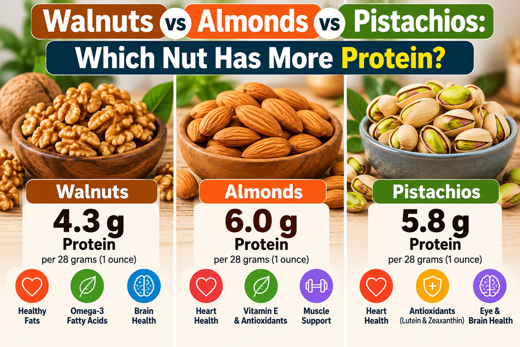 Walnuts, almonds, and pistachios compared by protein content per 28-gram serving, with almonds providing the highest amount.`
