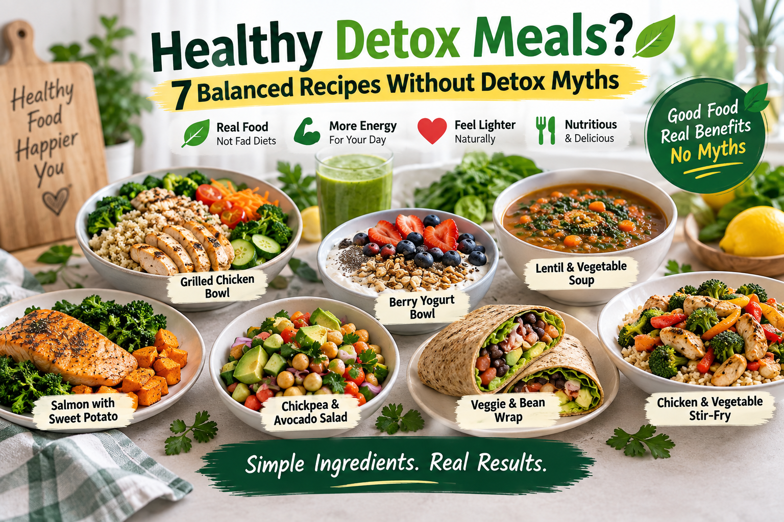 Healthy detox meals featuring grilled chicken bowl, berry yogurt bowl, lentil soup, salmon with sweet potato, chickpea avocado salad, veggie bean wrap, and chicken vegetable stir-fry.