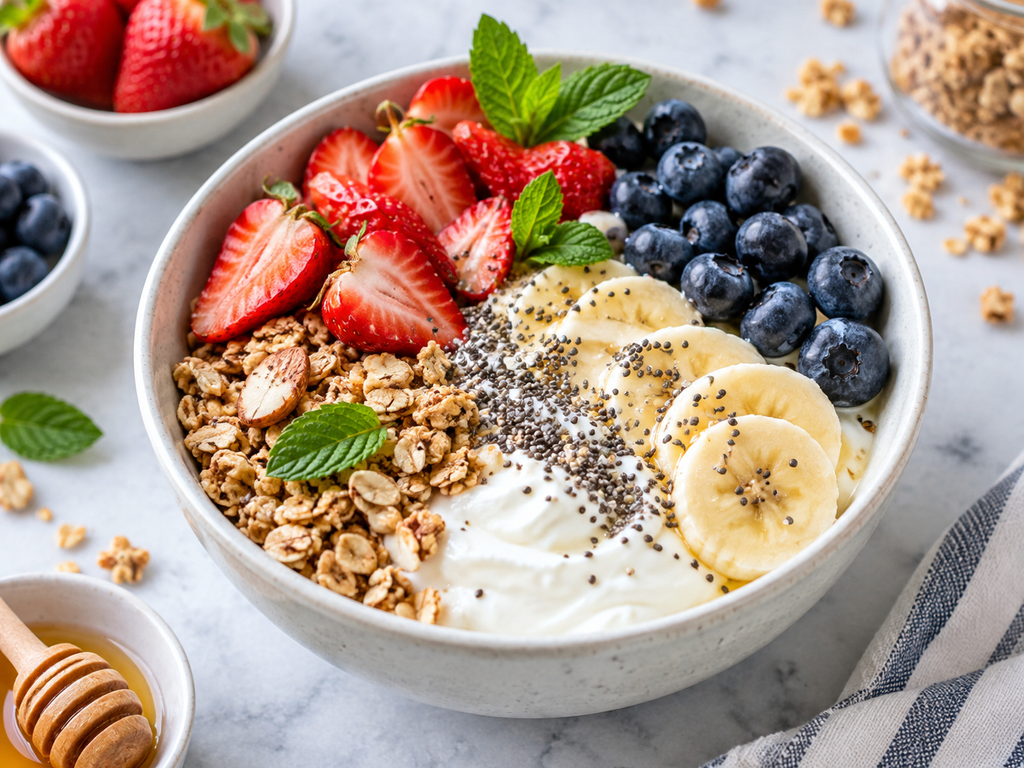 Healthy eating habits with yogurt, berries, banana, and granola