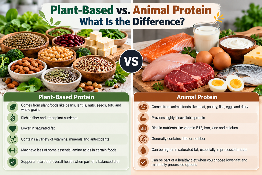 Comparison of plant-based and animal protein sources, including beans, lentils, tofu, nuts, fish, eggs, poultry, and dairy