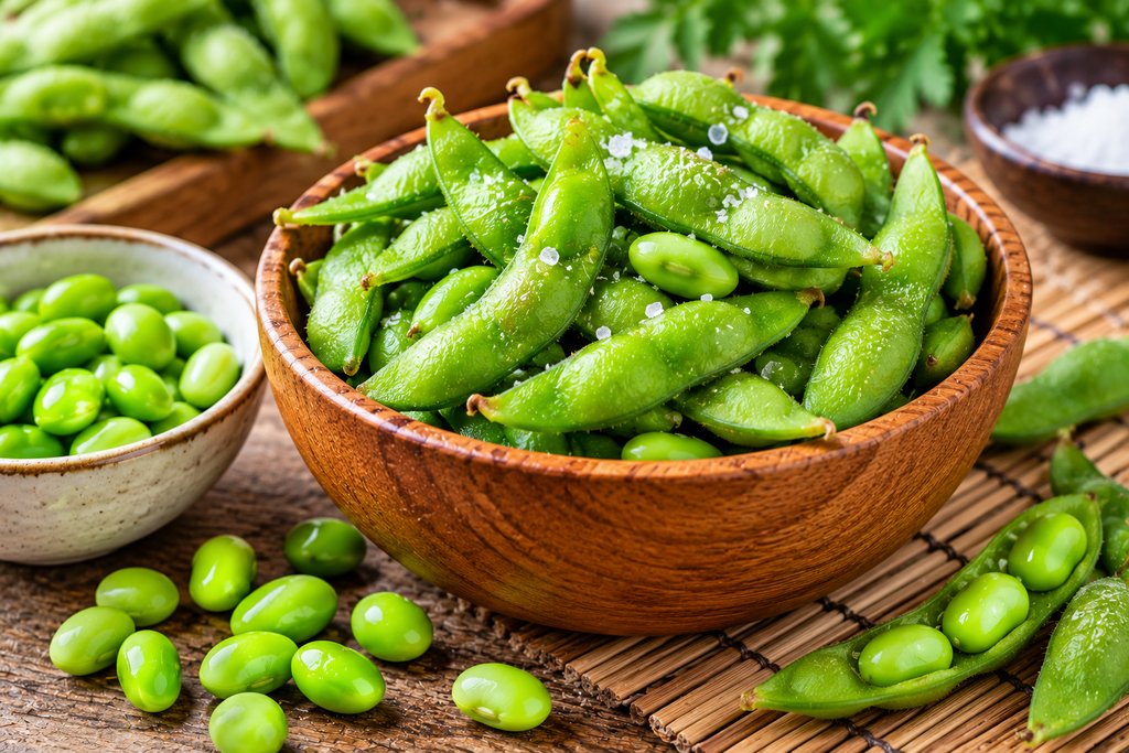 Fresh edamame in green pods served in a wooden bowl with shelled soybeans