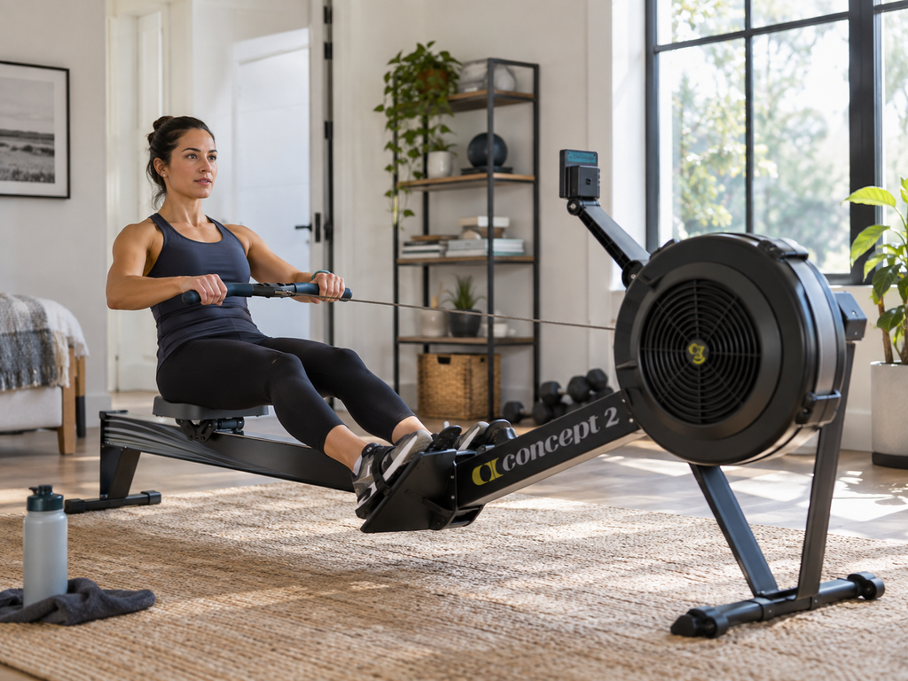 Woman using an indoor rowing machine for a full-body cardio workout in a small home gym.
