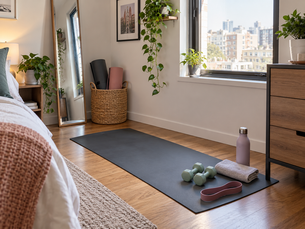 Create a dedicated mini workout zone in a small apartment bedroom with a yoga mat, dumbbells, resistance band, towel, and water bottle