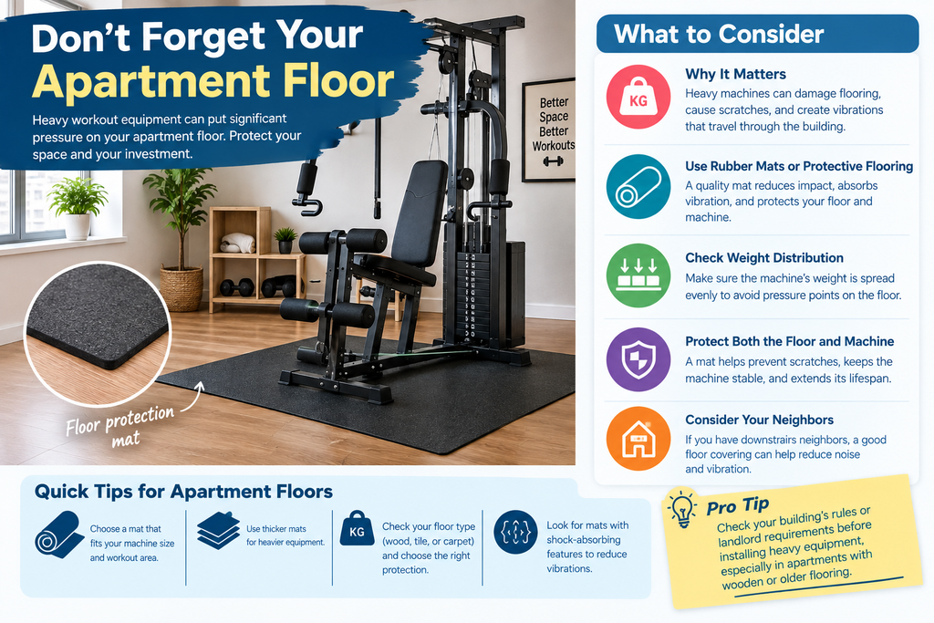 Apartment workout machine showing a strong frame, wide base, durable cables, pulleys, and stable construction.