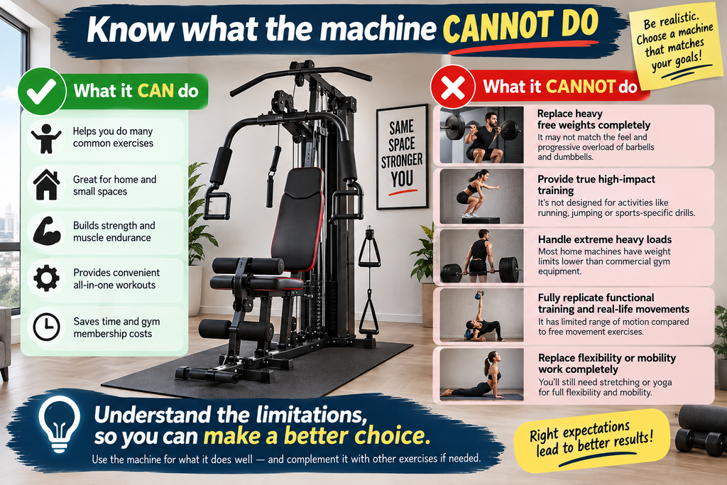 Infographic showing what an all-in-one workout machine can and cannot do, including common exercises, strength training, small-space use, free-weight limitations, high-impact training, heavy loads, functional movements, and flexibility work.