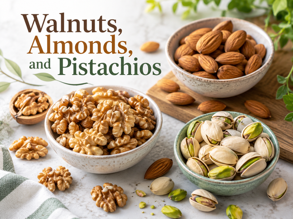A mix of walnuts, almonds, and pistachios in a bowl as nutrient-rich nuts for healthy skin.