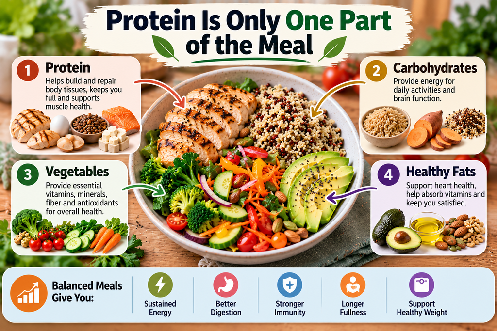 Plant-based vs animal protein in a balanced meal with whole grains, vegetables, healthy fats, grilled chicken, quinoa, and avocado