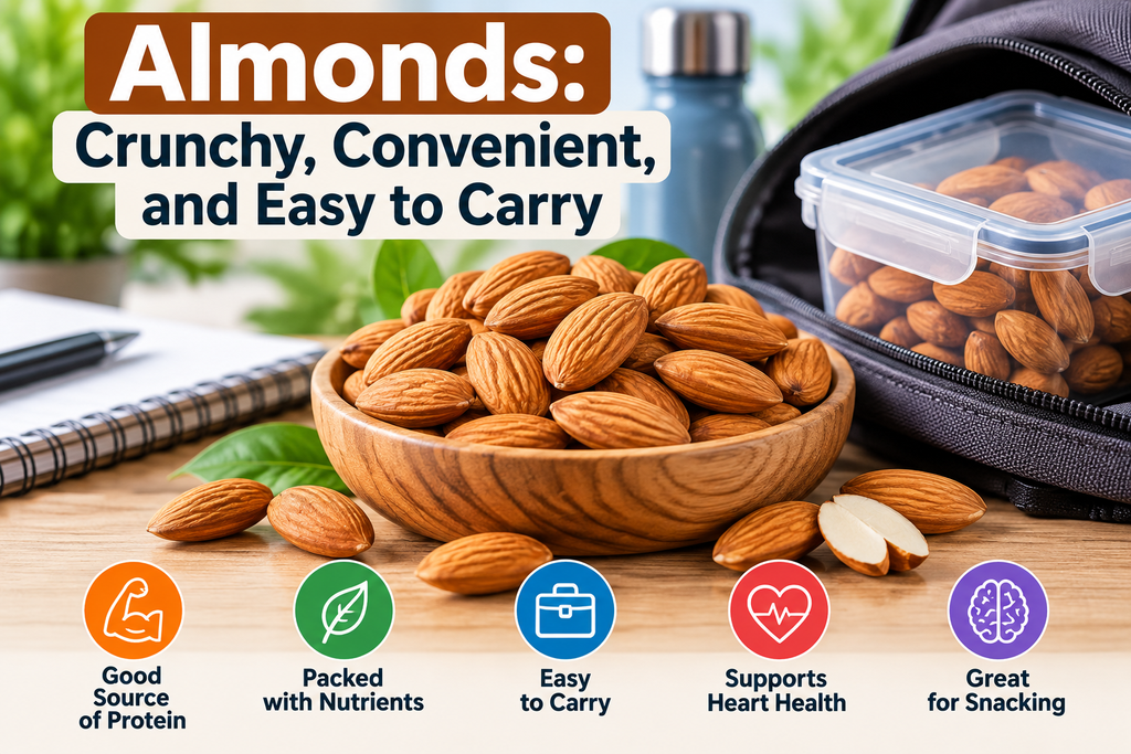 Almonds in a bowl with a portable container, highlighting almonds as a crunchy, nutritious, and easy-to-carry snack.