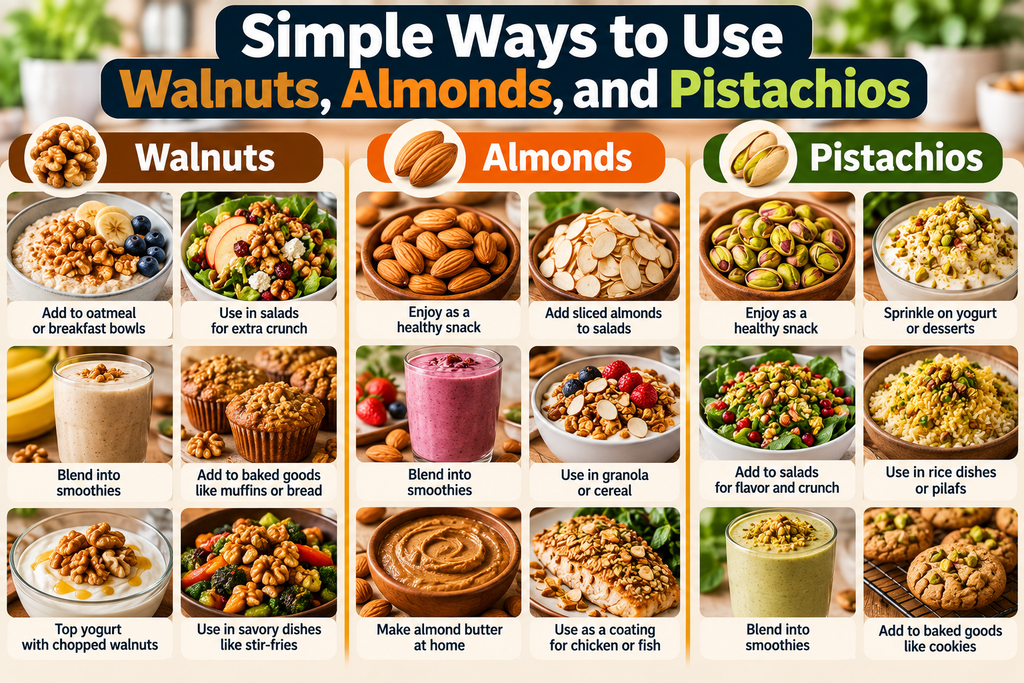 Simple ways to use walnuts, almonds, and pistachios in breakfasts, salads, smoothies, snacks, savory dishes, rice dishes, and baked goods.