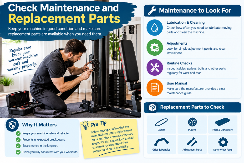 Apartment workout machine showing a strong frame, wide base, durable cables, pulleys, and stable construction.