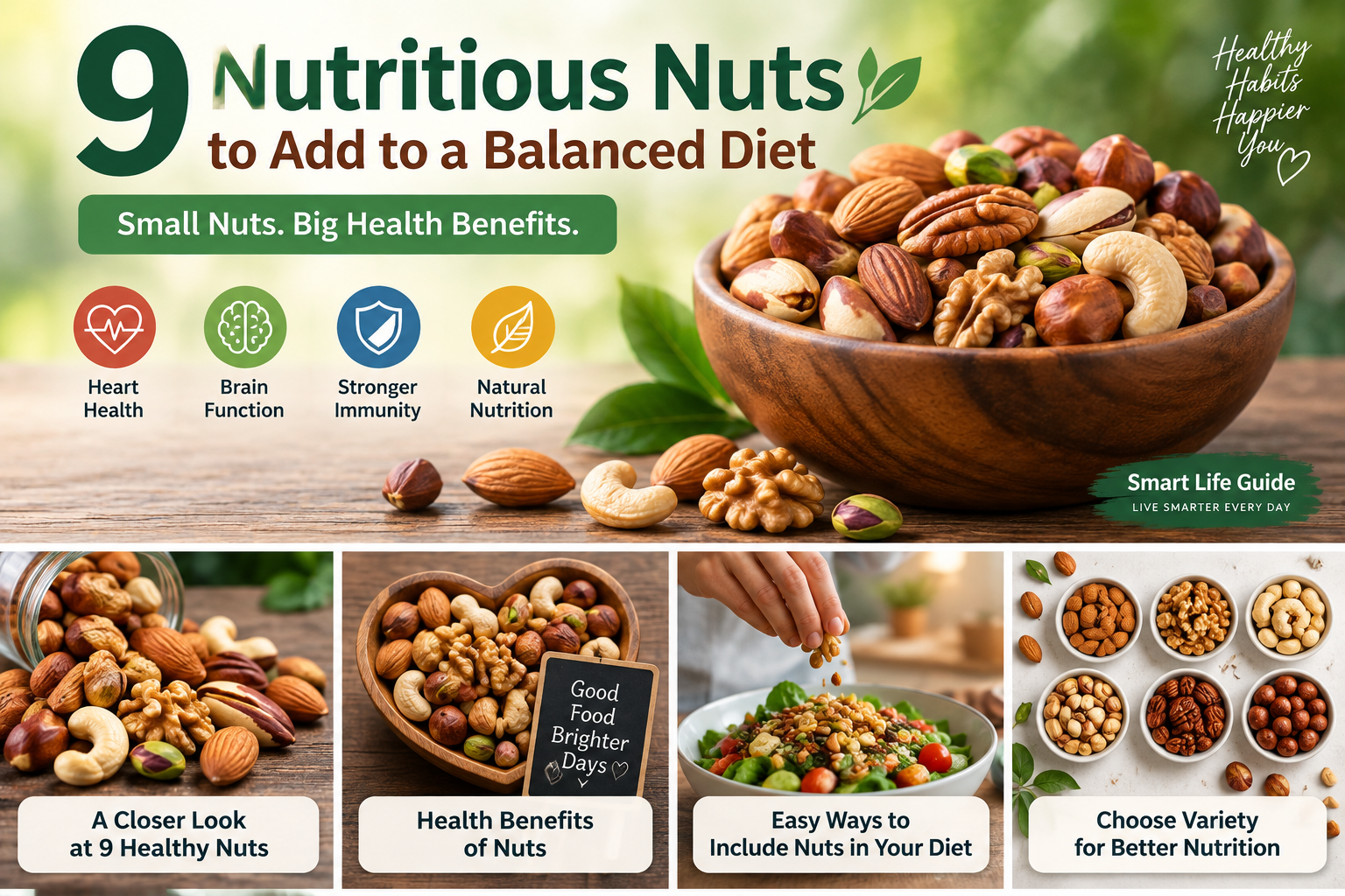 Infographic showing 9 nutritious nuts for a balanced diet, including almonds, walnuts, pistachios, cashews, and Brazil nuts.