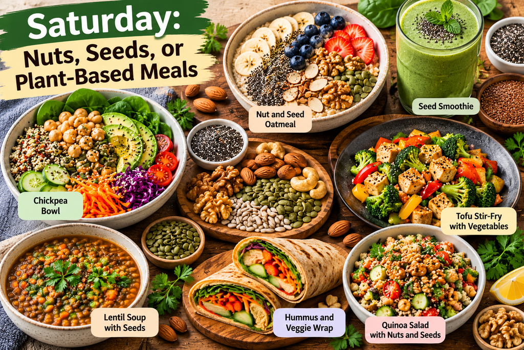 Saturday plant-based meals with nuts, seeds, chickpeas, tofu, lentils, and quinoa