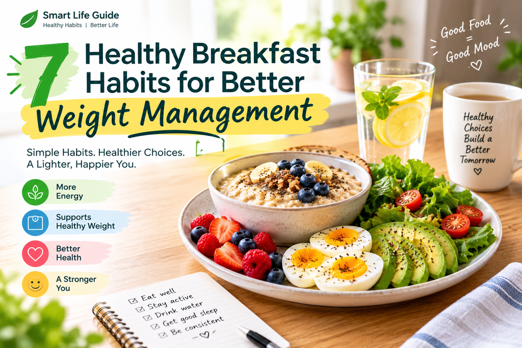 Healthy breakfast habits for better weight management with oatmeal, eggs, avocado, berries, and lemon water