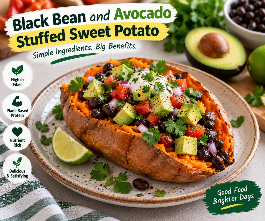 Black bean and avocado stuffed sweet potato topped with tomatoes, red onion, cilantro, and lime.