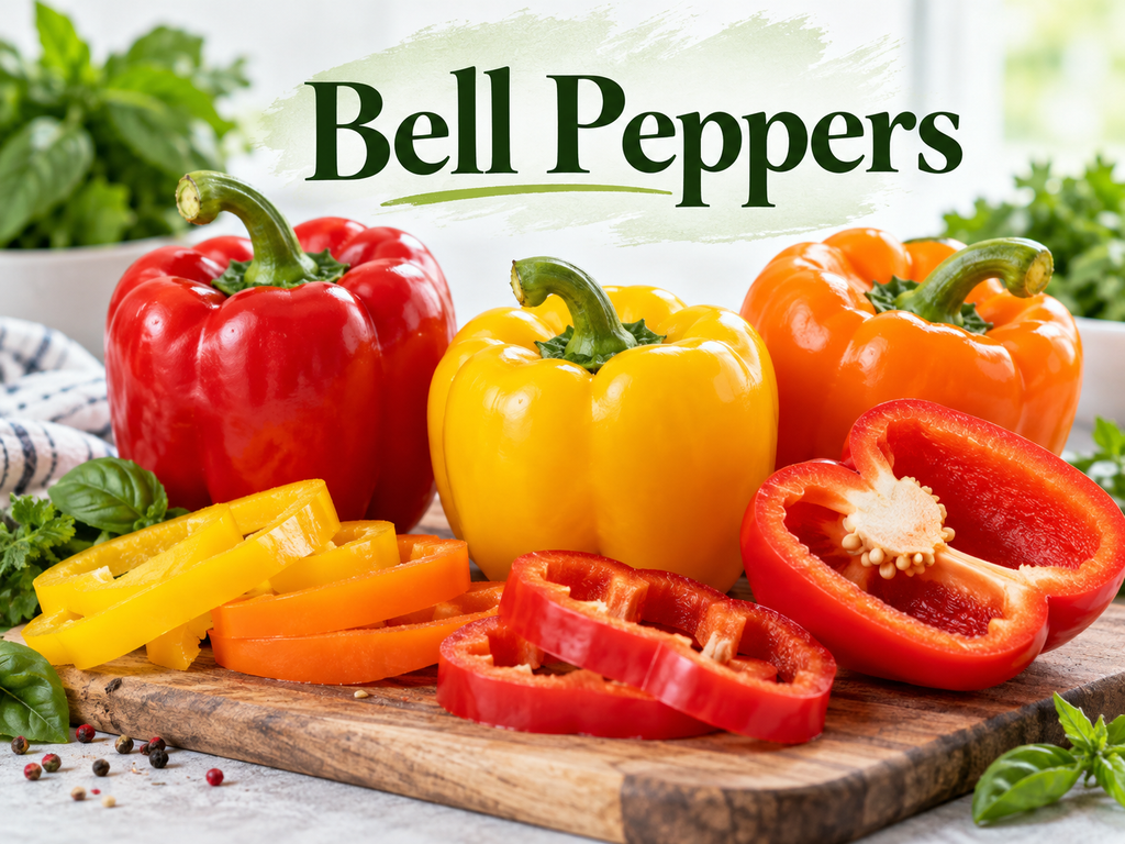Fresh red, yellow, and orange bell peppers rich in nutrients that support healthy skin.