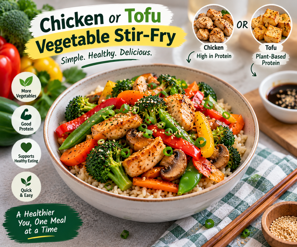 Chicken or tofu vegetable stir-fry with broccoli, bell peppers, carrots, green beans, and brown rice.