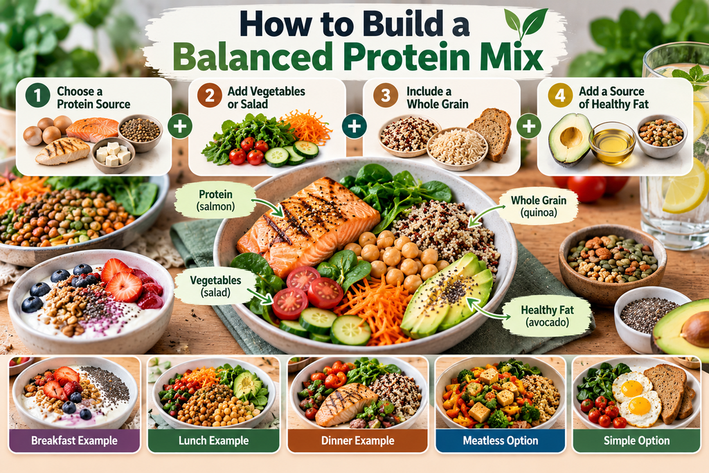 Plant-based vs animal protein in a balanced meal with whole grains, vegetables, healthy fats, grilled chicken, quinoa, and avocado