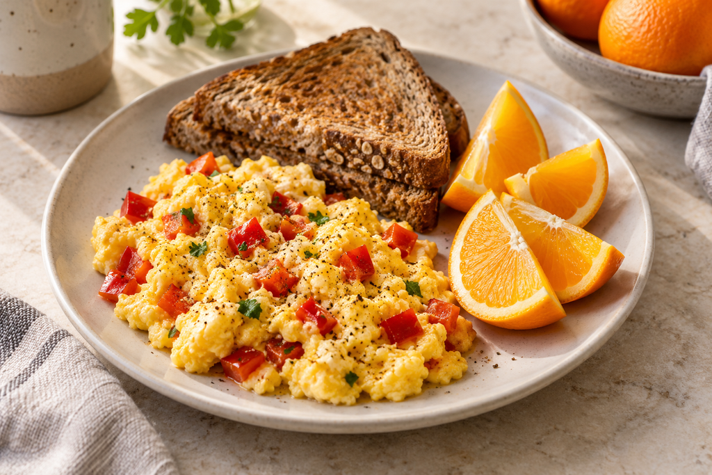 Scrambled eggs with red bell peppers, whole-grain toast, and fresh orange slices on a breakfast plate.