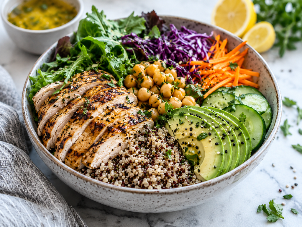 Healthy eating habits with a balanced meal of vegetables and whole foods