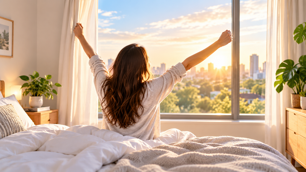 Woman getting natural morning light as part of healthy morning habits