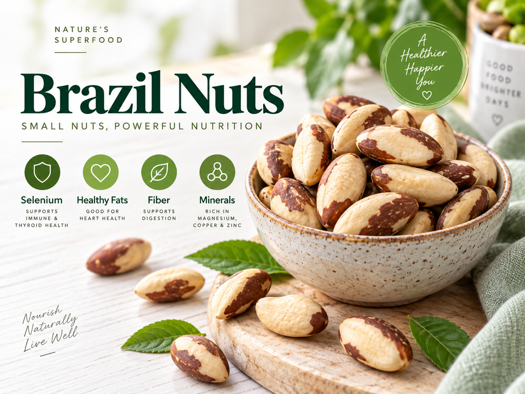 Brazil nuts in a bowl with an infographic highlighting selenium, healthy fats, fiber, and minerals.