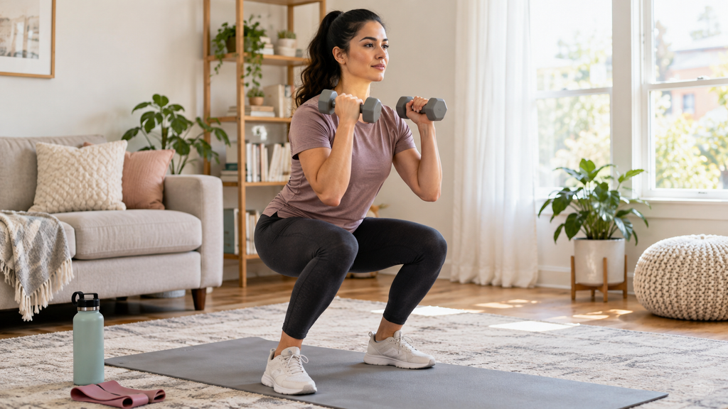 Woman doing strength exercises at home with dumbbells