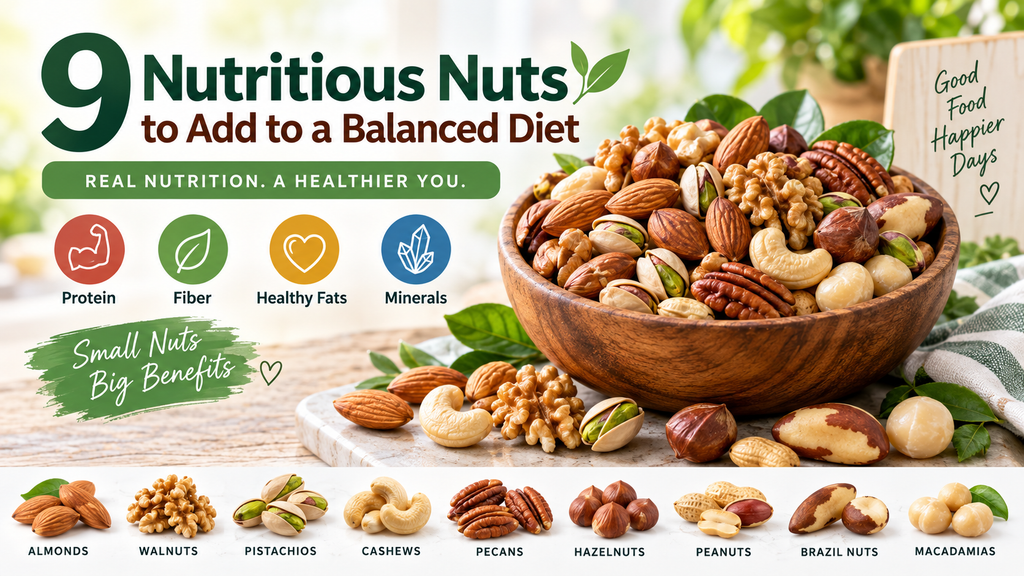 9 nutritious nuts for a balanced diet with almonds, walnuts, pistachios, cashews, pecans, hazelnuts, Brazil nuts, and macadamias
