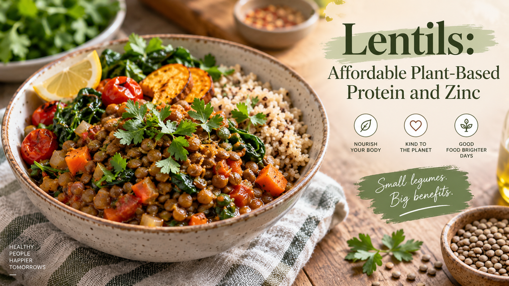 Cooked lentils providing plant-based protein and zinc for natural collagen production