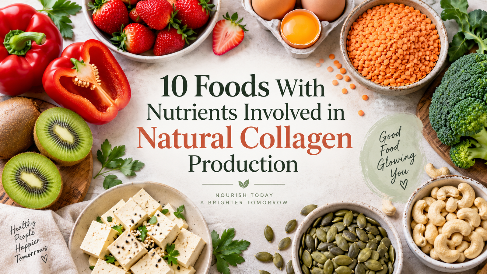 Nutrient-rich foods that support natural collagen production, including fruits, vegetables, eggs, and lentils