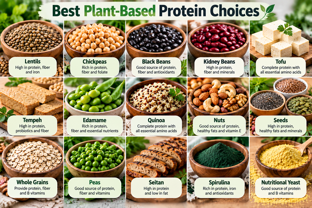Best plant-based protein choices including lentils, chickpeas, beans, tofu, tempeh, edamame, quinoa, nuts, seeds, whole grains, and peas