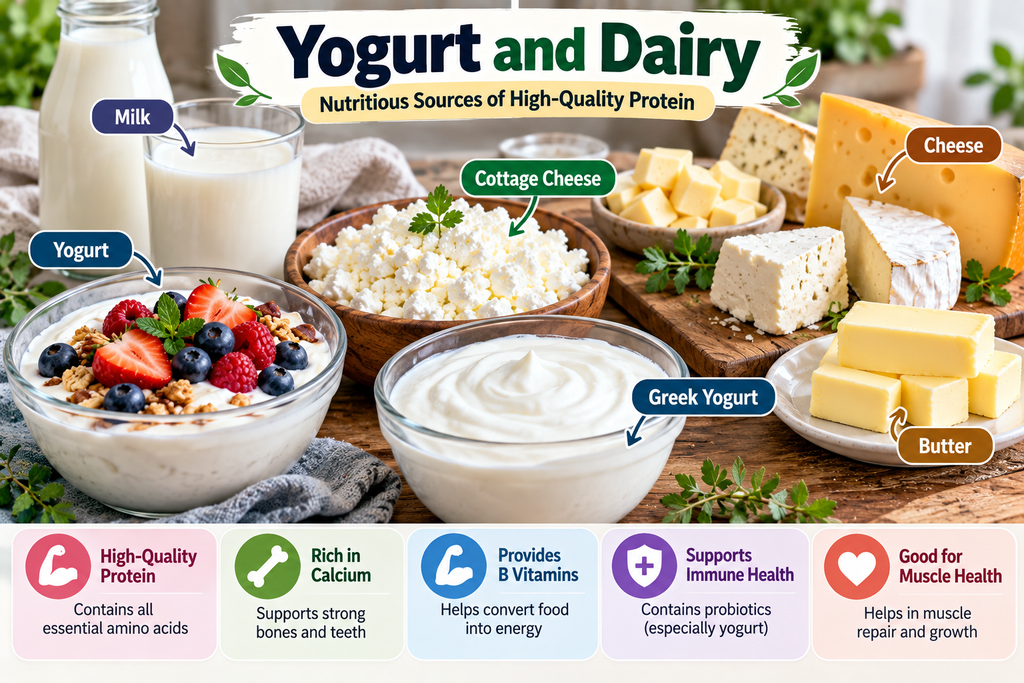Yogurt and dairy foods including Greek yogurt, milk, cottage cheese, cheese, and butter