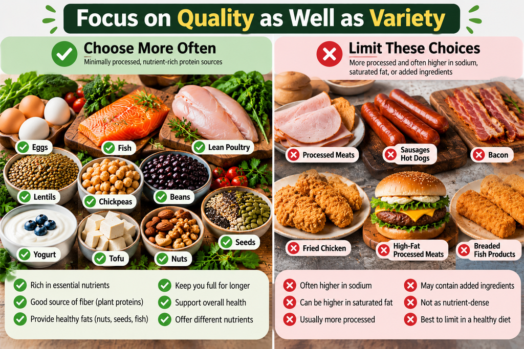 Quality and variety in protein sources with healthy and processed food choices