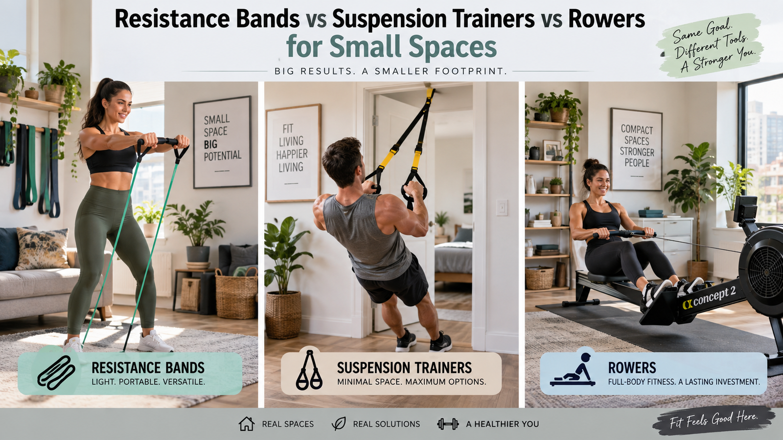 Comparison of resistance bands vs suspension trainers vs rowers for small-space home workouts. Comparison of resistance bands, suspension trainers, and rowing machines for small-space home workouts.