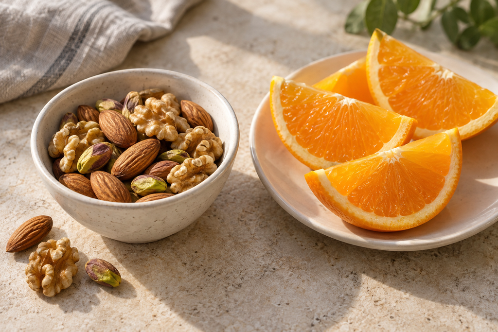 Bowl of almonds, walnuts, and pistachios beside fresh orange wedges.