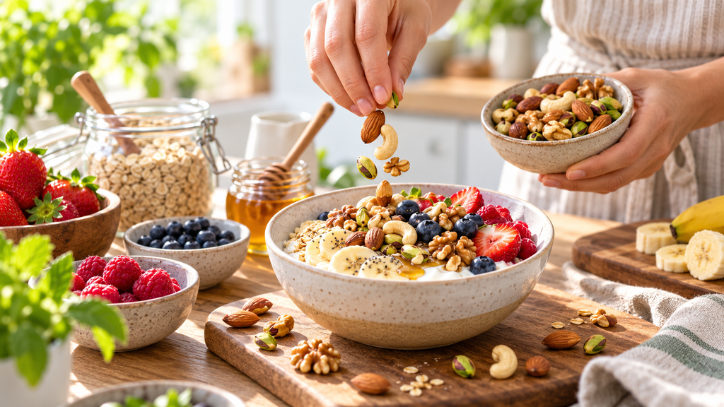Nutritious nuts added to a breakfast bowl with berries, banana, oats, and honey