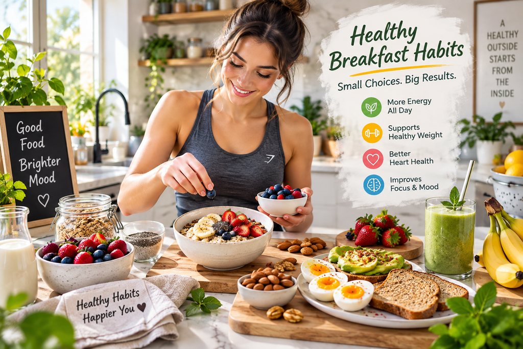 Woman preparing a healthy breakfast in a bright modern kitchen with oatmeal, fresh berries, boiled eggs, whole-grain toast, and a green smoothie.
