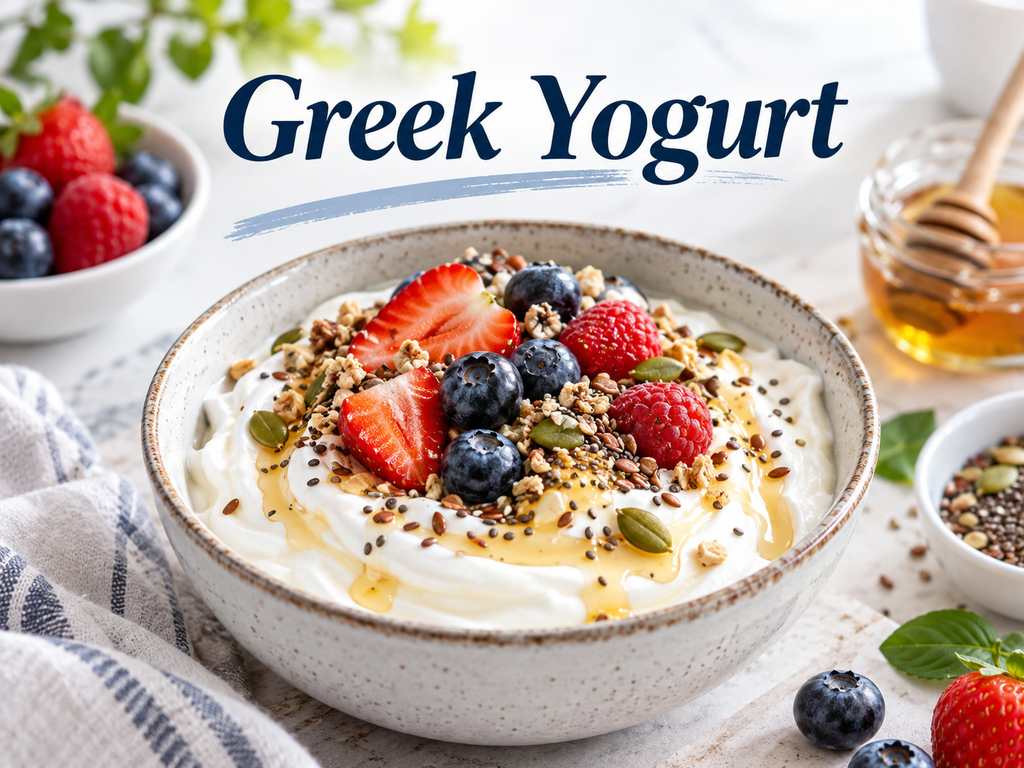 Greek yogurt topped with berries and seeds in a breakfast bowl for healthy skin support.