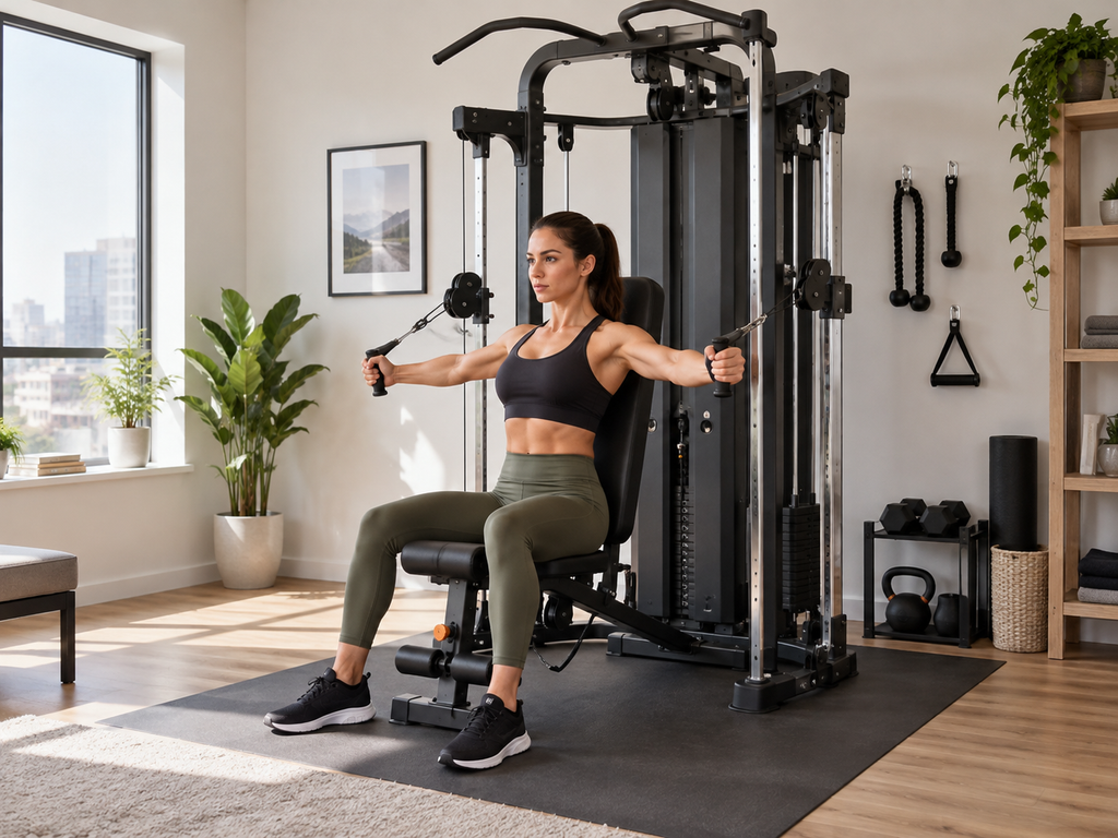 Comparison guide for the best full-body workout machine for small spaces, showing a rowing machine, cable gym, and air bike.