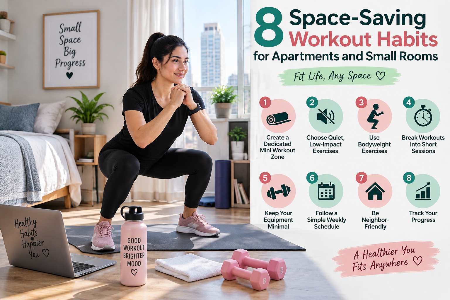 Woman performing squats in a small apartment alongside an infographic showing 8 space-saving workout habits for small rooms.