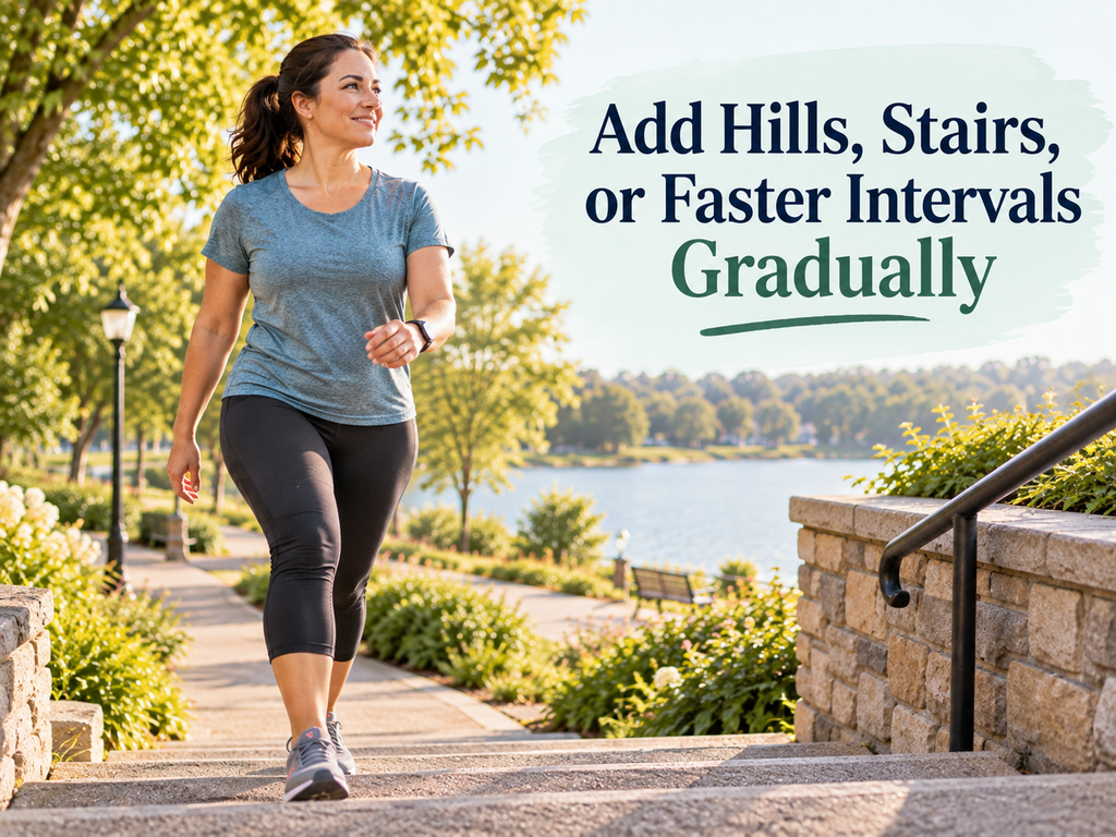 Woman walking uphill outdoors as part of a gradual walking routine for healthy weight management