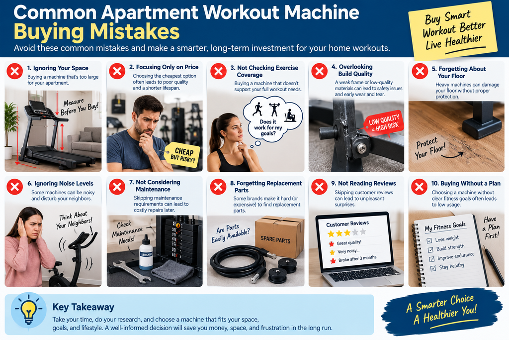 Infographic showing 10 common apartment workout machine buying mistakes, including ignoring space, price, exercise coverage, build quality, noise, maintenance, reviews, and planning.