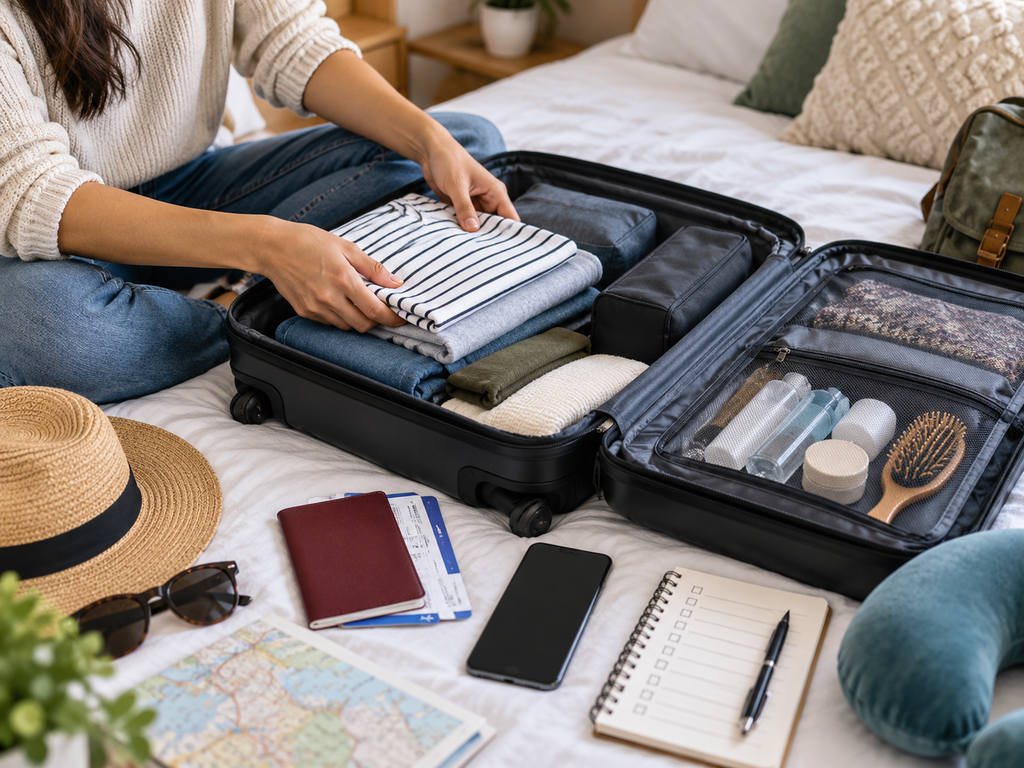 Simple travel tips for packing clothes and essentials in a suitcase
